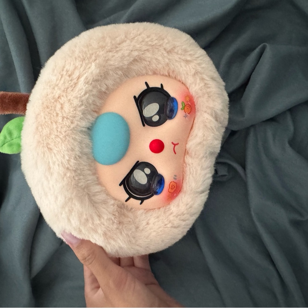 Plush Apple baby three zippered pouch with Cream and Blue Accents